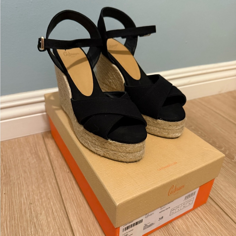 Castañer Black Wedge Espadrille Sandals with Ankle Strap